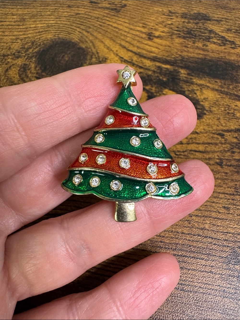 Vintage Green and Red Enamel Christmas Tree Brooch